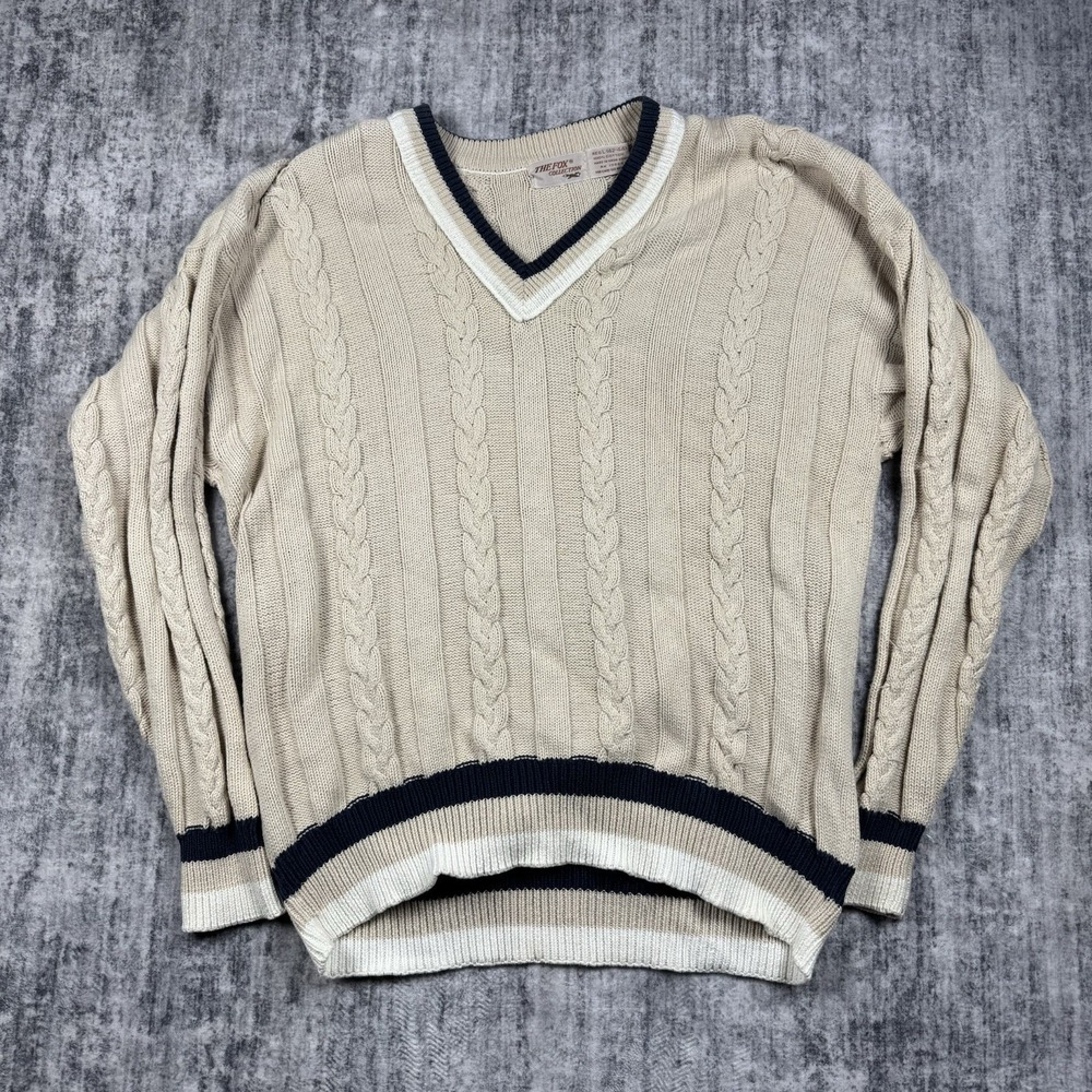 Vtg Fox Collection Sweater V Neck Size L Cable Knit Fisherman Collar USA Made
